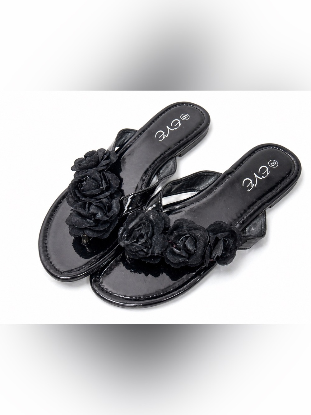 Black Rosette Sandals Floral Thong Slides Patent Glossy Summer Slip On Size 8